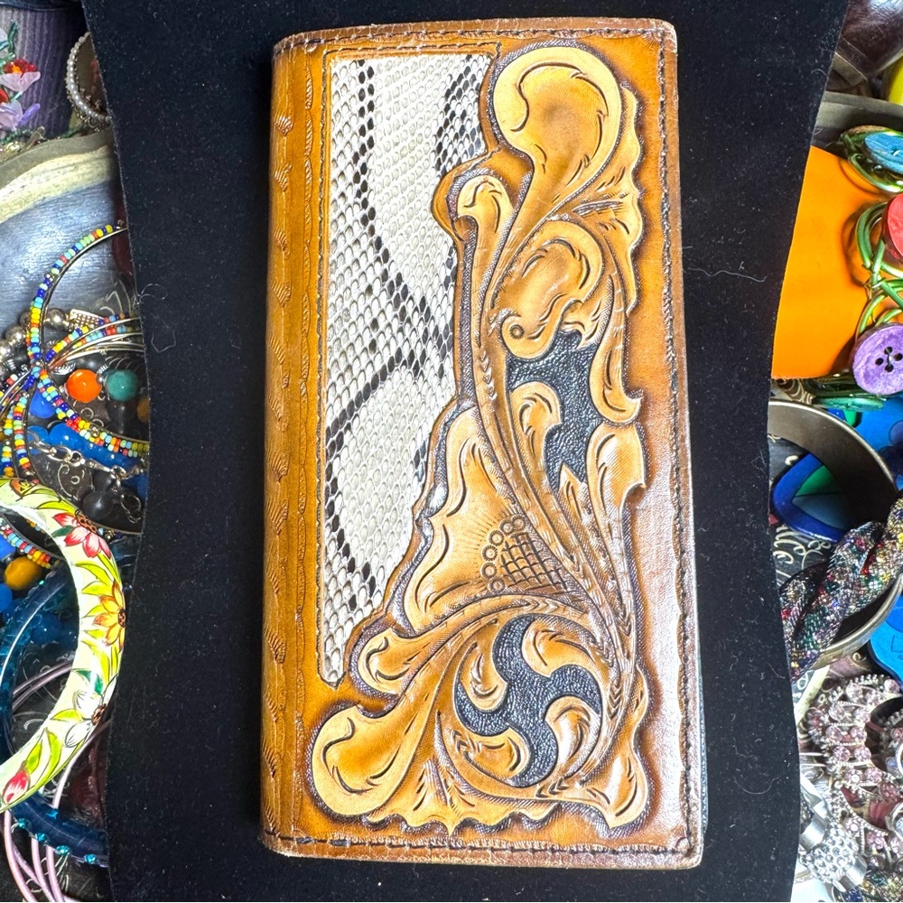 Leather Tooled Embossed Wallet with Snakeskin Accent